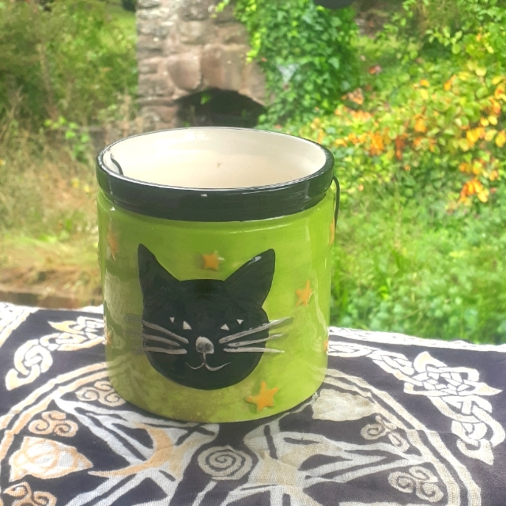 NANTUCKET BLACK CAT & STARS Ceramic Halloween Decor Bucket